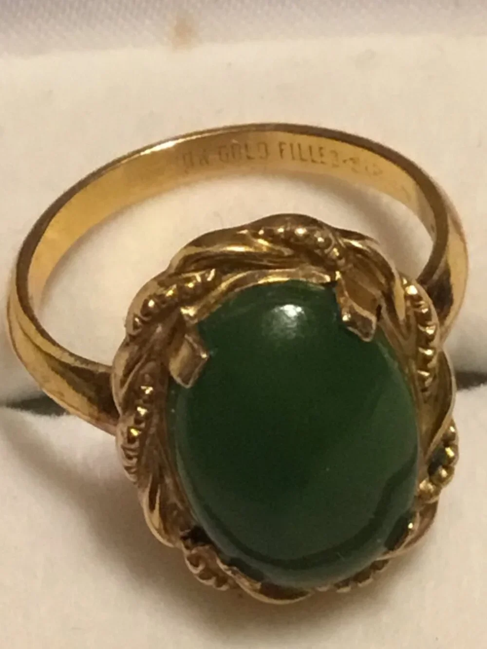 Vintage antique 10K gold filled ring with large oval green stone size 7